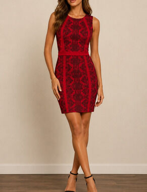 Kardashian Kollection Red Lace Print Bodycon Sheath Dress Sleeveless Womens L